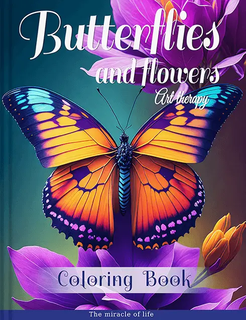coloring-book-cover-featuring-a-vibrant-butterfly-with-orange-and-blue-wings-surrounded-by-purple-flowers-on-a-soothing-background. Title: Butterflies and Flowers. Art Therapy For The Whole Family
